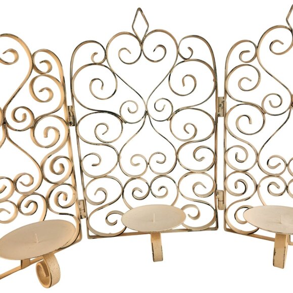 Scrolled Metal 3-Panel Folding Candelabra Screen Cream Distressed Finish - Picture 13 of 13
